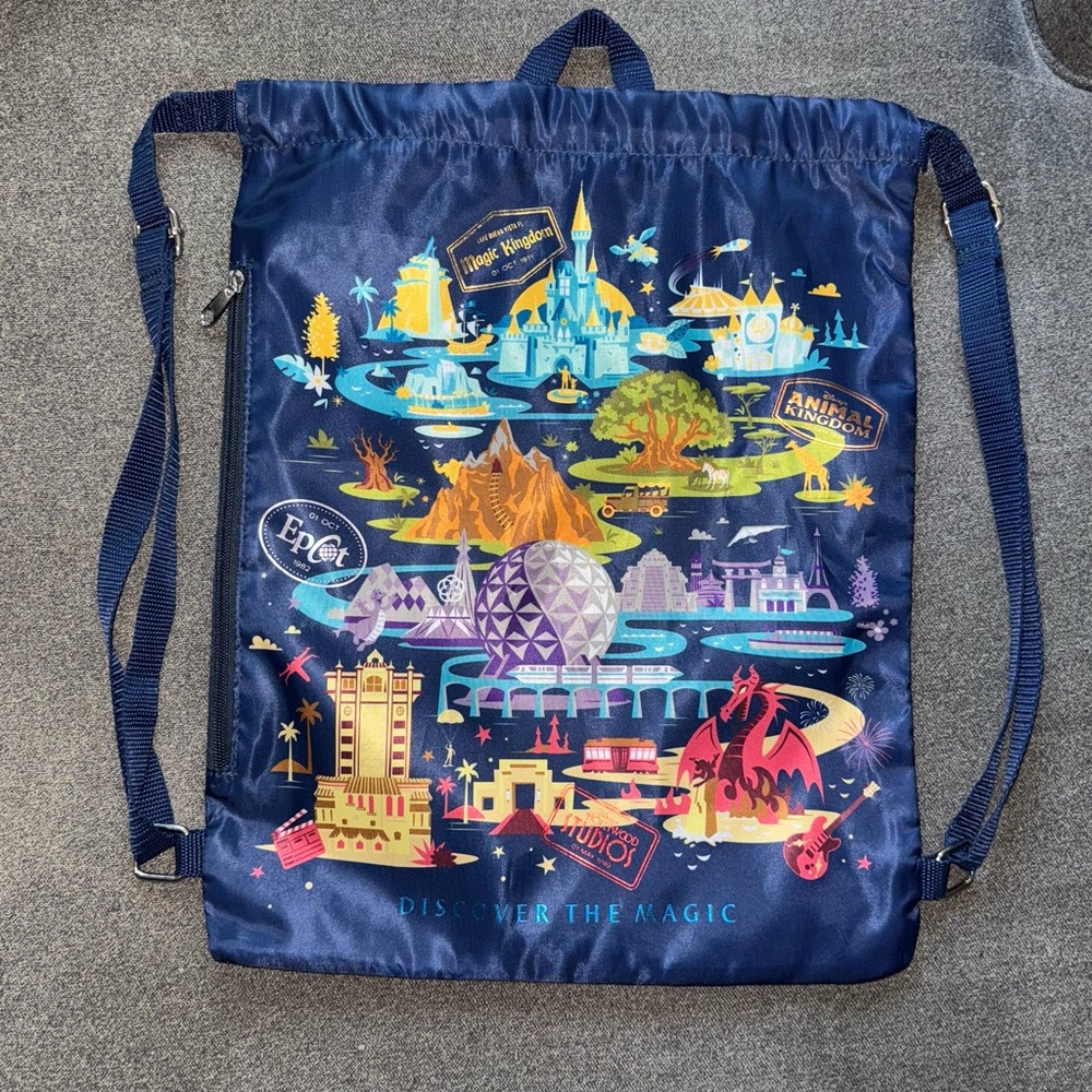 Walt Disney World Navy Drawstring Backpack with Theme Park Design